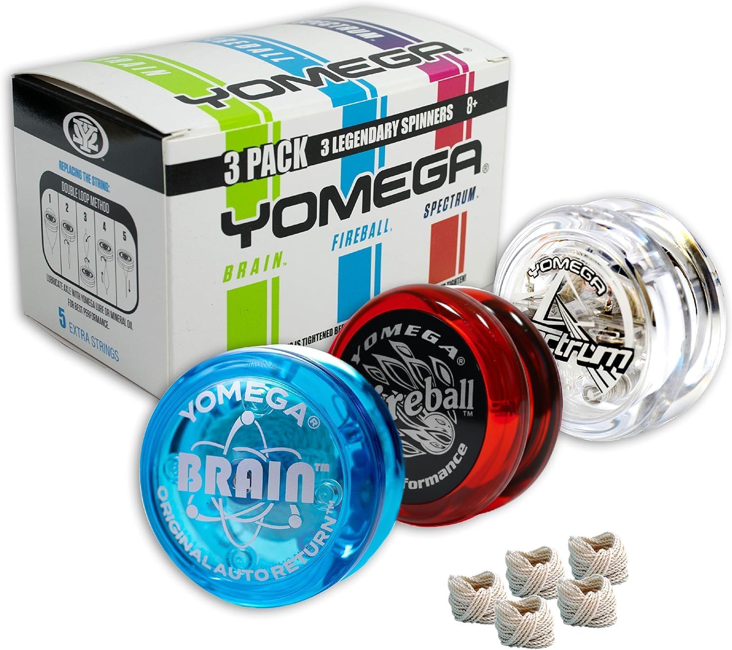 Yomega 3-pack with a light blue Brain, red Fireball and clear Spectrum yo-yo plus spare strings